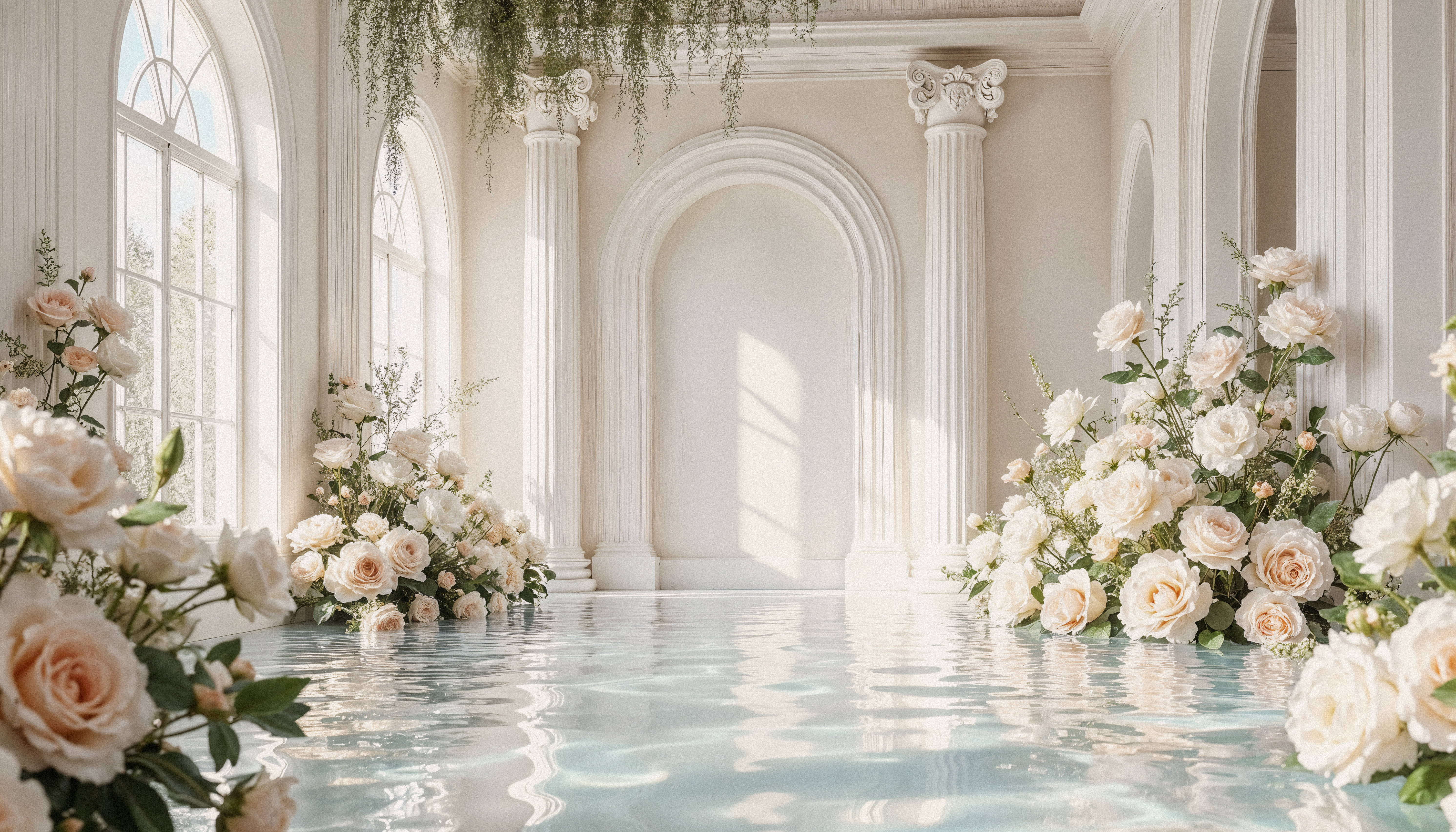 Perfect Wedding Studio - Elegant interior with sage green walls and terracotta furniture overlooking surreal landscape